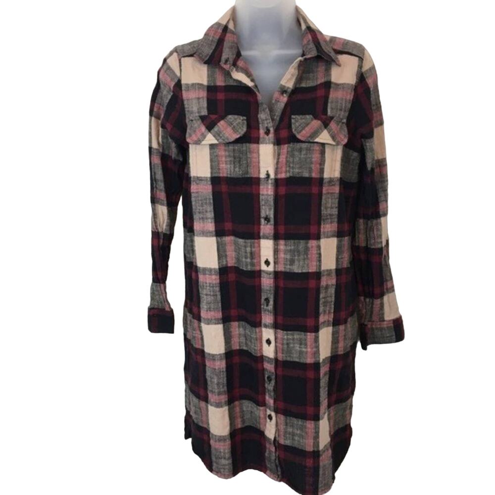 Caslon Plaid Shirt Dress Red Black White Plaid Tunic Button Up Fall Holiday